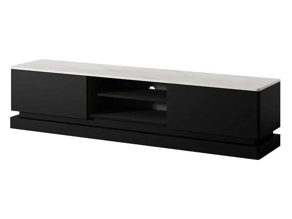 Tv-Meubel Met 2 Lades En 2 Nissen Met Ledverlichting Van Mdf - Zwart Met Wit Marmereffect - Devika - Van Pascal Morabito