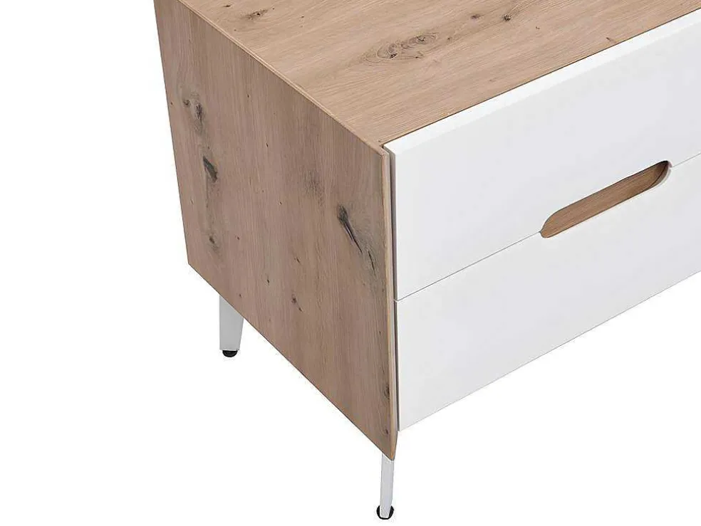 Tv-Meubel Met 4 Lades En 2 Nissen - Mdf & Metaal - Witgelakt & Naturelkleur - Cayana