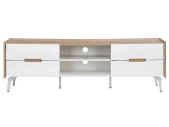 Tv-Meubel Met 4 Lades En 2 Nissen - Mdf & Metaal - Witgelakt & Naturelkleur - Cayana