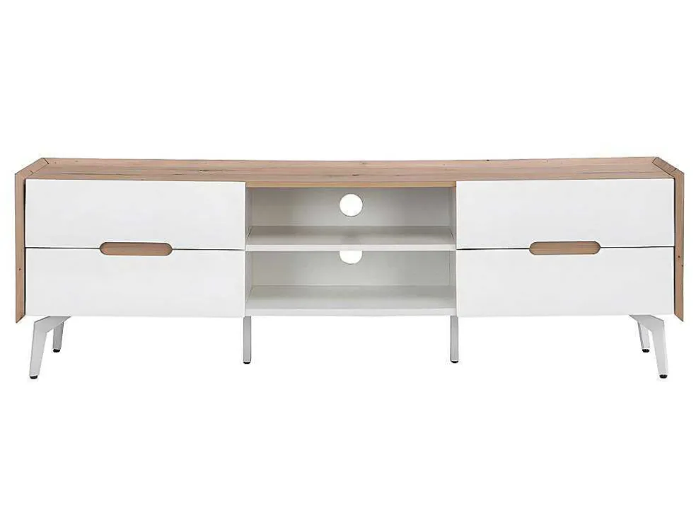 Tv-Meubel Met 4 Lades En 2 Nissen - Mdf & Metaal - Witgelakt & Naturelkleur - Cayana