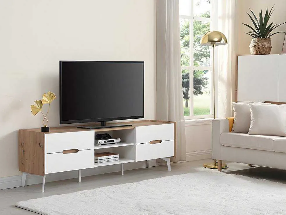 Tv-Meubel Met 4 Lades En 2 Nissen - Mdf & Metaal - Witgelakt & Naturelkleur - Cayana