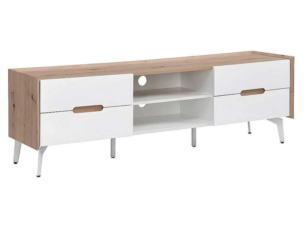 Tv-Meubel Met 4 Lades En 2 Nissen - Mdf & Metaal - Witgelakt & Naturelkleur - Cayana