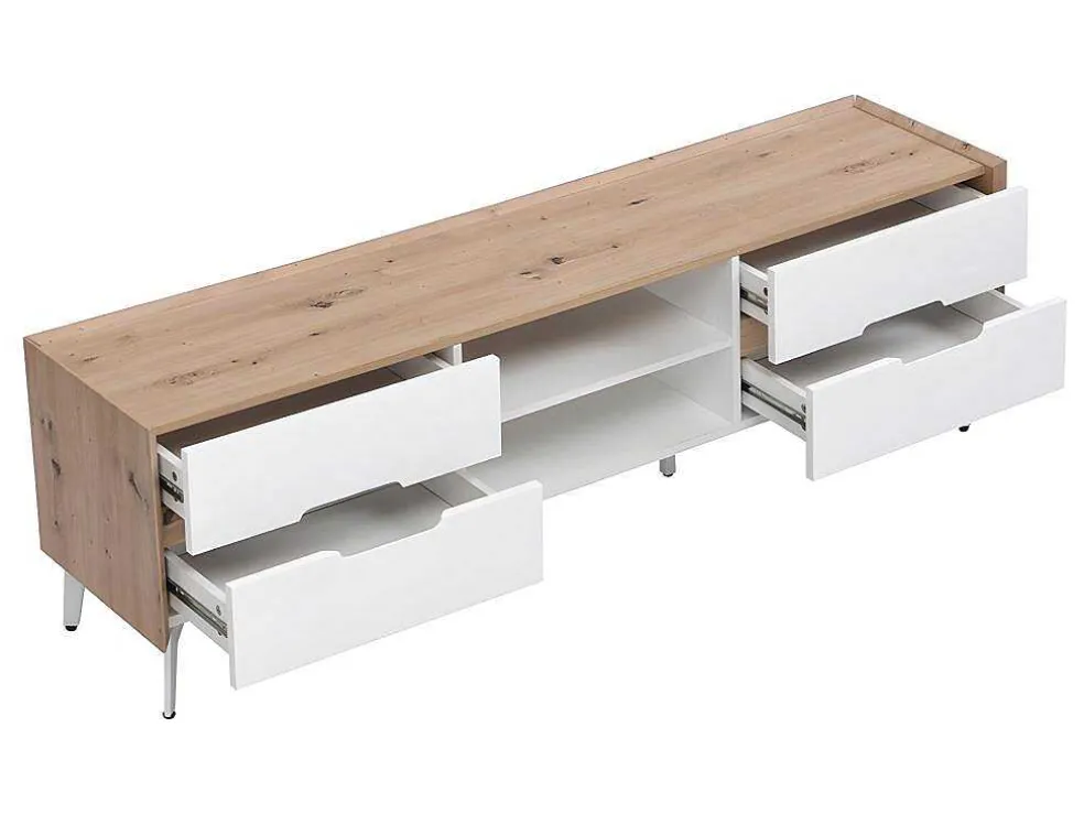 Tv-Meubel Met 4 Lades En 2 Nissen - Mdf & Metaal - Witgelakt & Naturelkleur - Cayana