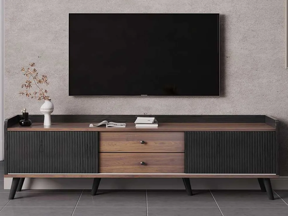 Tv-Meubel Met 2 Lades En 2 Schuifdeuren - Moderne Stijl - Kleuren: Zwart En Naturel