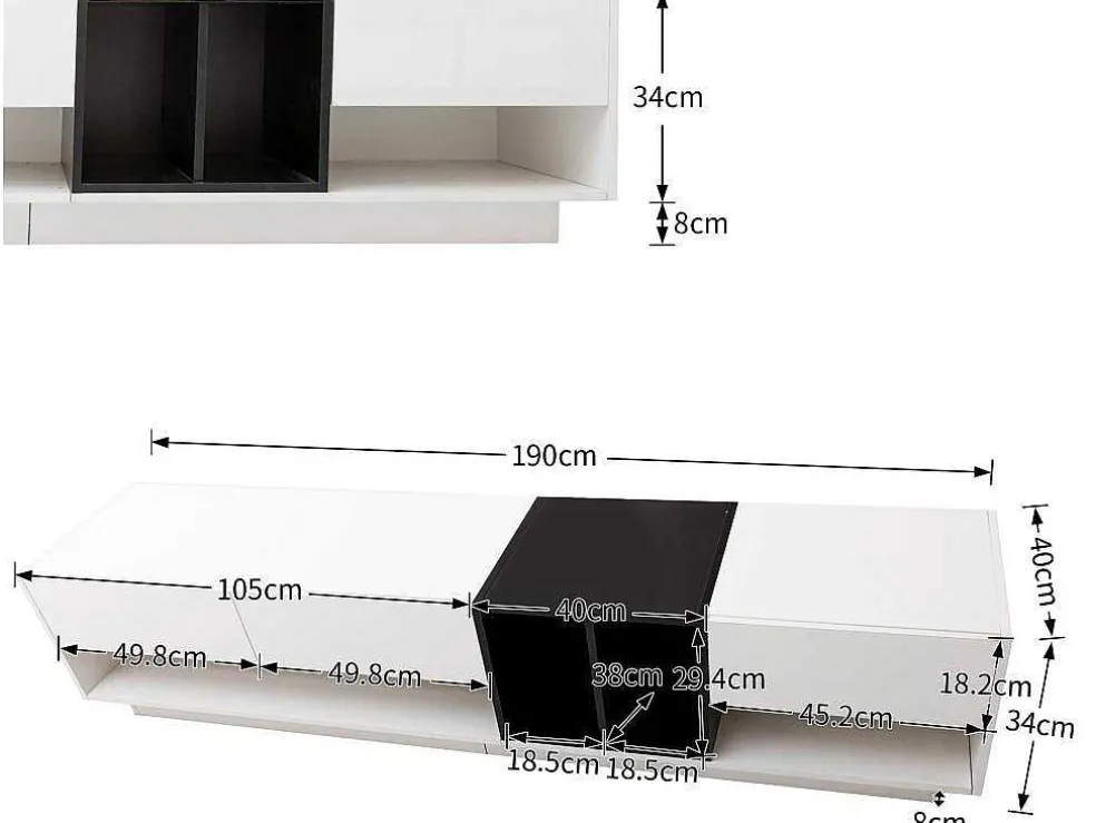 Tv-Meubel Van 190 Cm - 3 Laden En 4 Nissen - Spaanplaat - Kleuren Wit En Zwart