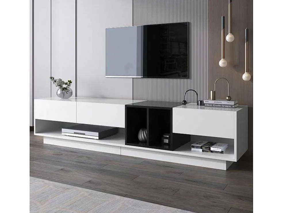 Tv-Meubel Van 190 Cm - 3 Laden En 4 Nissen - Spaanplaat - Kleuren Wit En Zwart