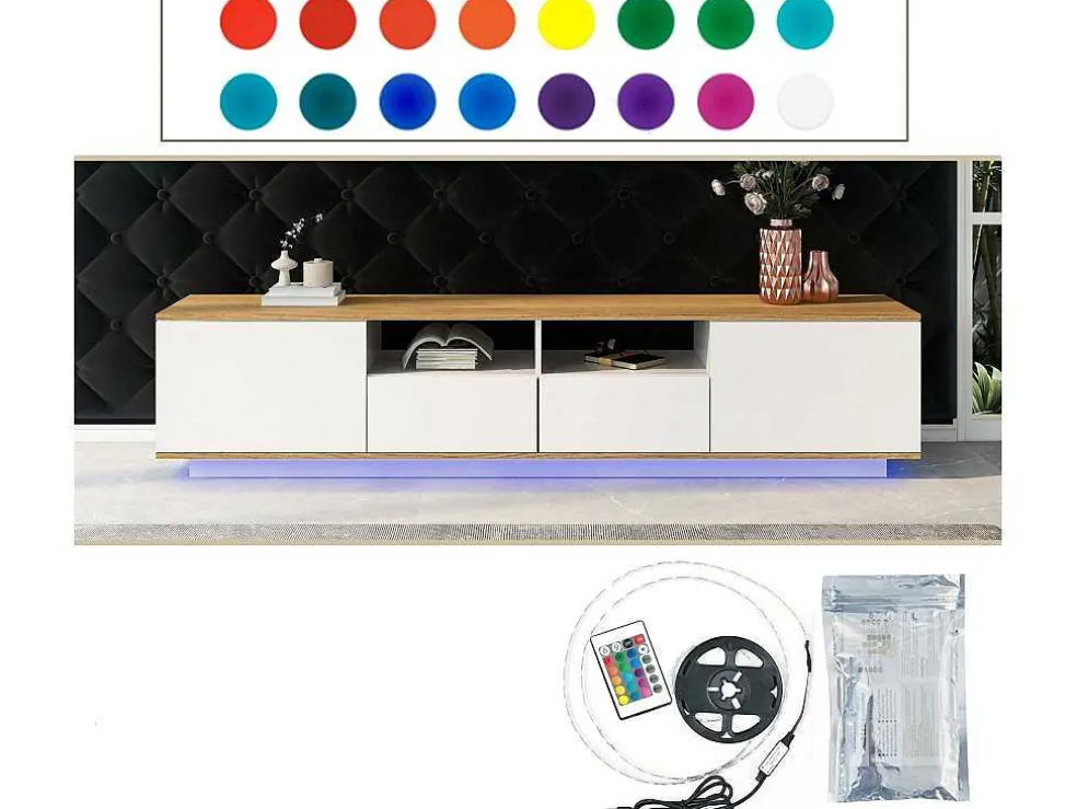 Tv-Meubel Van 180 Cm Met Led - 2 Laden En 2 Open Planken - Eigentijdse Scandinavische Stijl - Wit