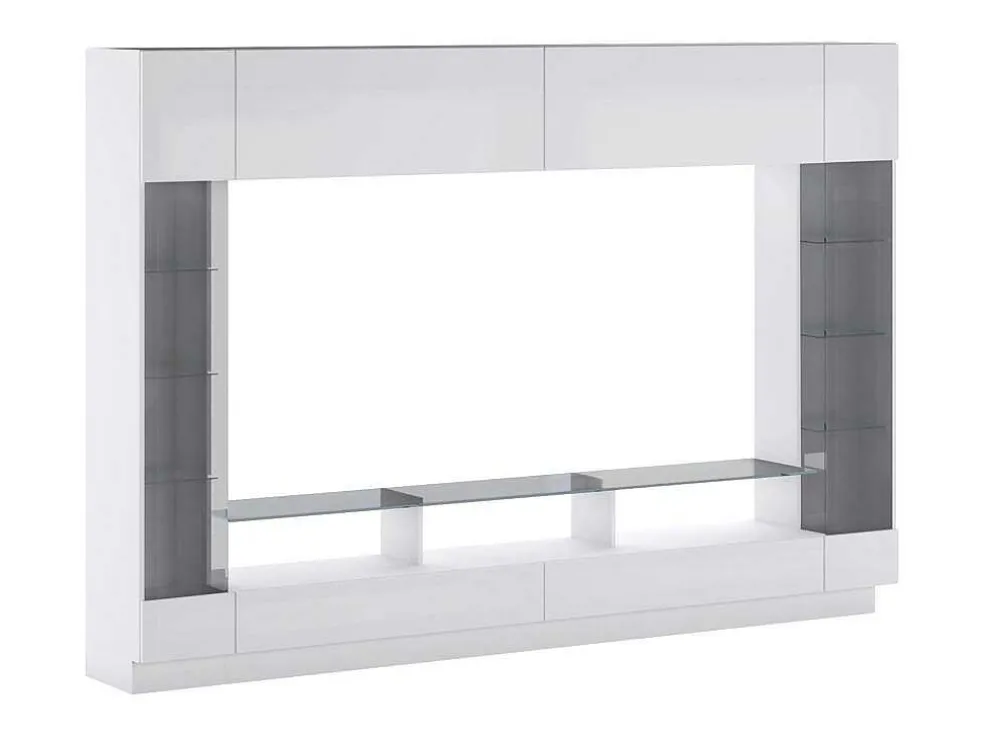 Tv-Wand Met Opbergruimte En Ledverlichting Van Gerookt Gehard Glas - Wit Gelakt - Briano