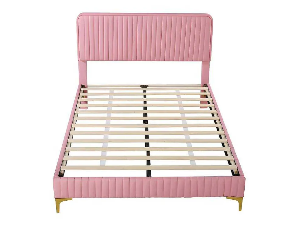 Tweepersoonsbed Gestoffeerd In Kunstleer 140X200Cm - In Hoogte Verstelbaar Hoofdbord - Met Lattenbodem - Roze (Zonder Matras)