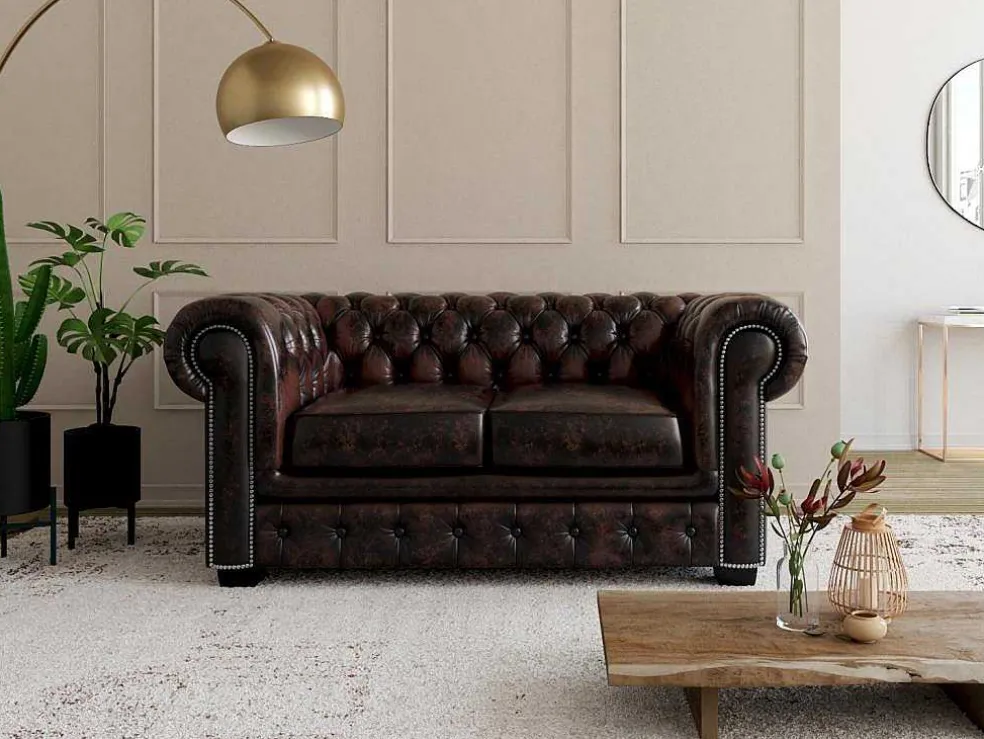 Tweezitsbank Chesterfield Brenton 100% Buffelleer - Bruin Tinten