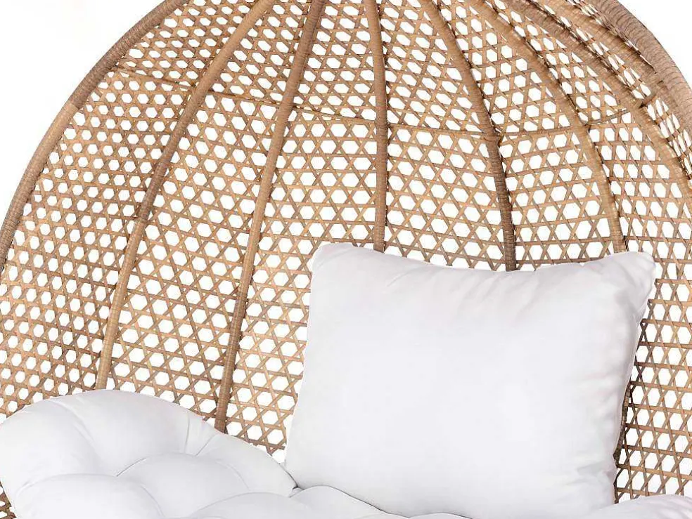 Tweezits Hangstoel Van Beige Gevlochten Hars Met Wit Kussen - Vahina