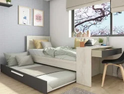 Uitschuifbaar Bed 2 X 90 X 200 Cm - Met Bureau - Kleur: Naturel En Antraciet + Bedbodem - Vouani