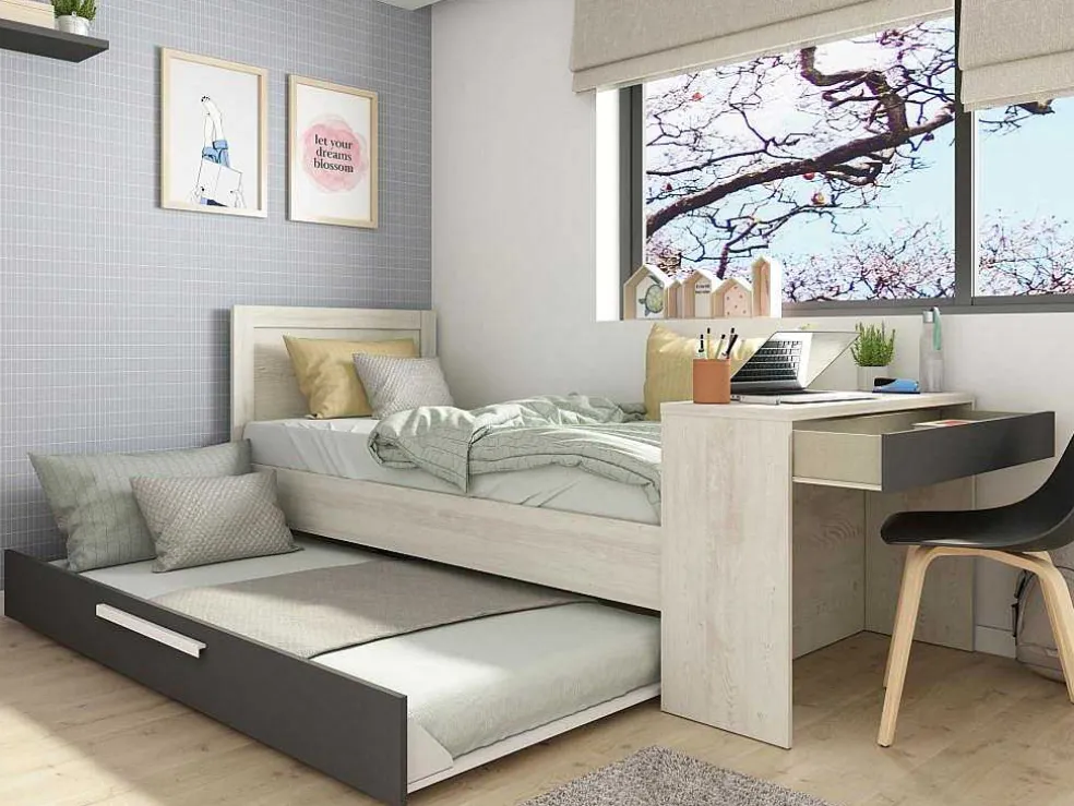 Uitschuifbaar Bed 2 X 90 X 200 Cm - Met Bureau - Kleur: Naturel En Antraciet + Bedbodem - Vouani