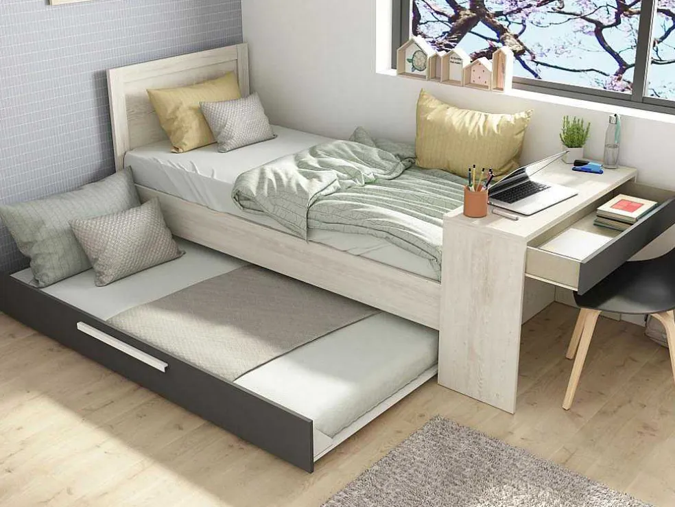 Uitschuifbaar Bed 2 X 90 X 200 Cm - Met Bureau - Kleur: Naturel En Antraciet + Bedbodem - Vouani
