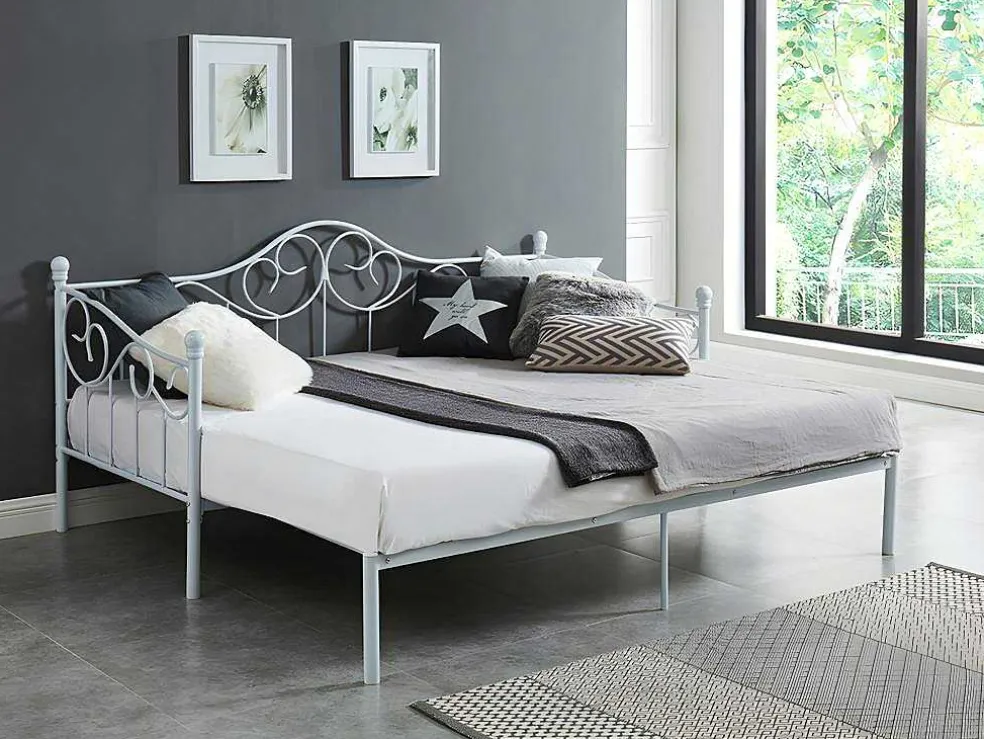 Uitschuifbare Bedbank Sebille - Metaal - 2 X 90 X 200 Cm Of 180 X 200 Cm - Wit - Optie Matras
