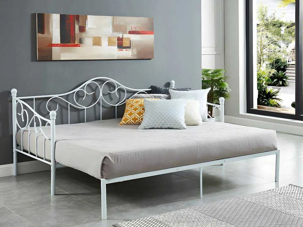 Uitschuifbare Bedbank Sebille - Metaal - 2 X 90 X 200 Cm Of 180 X 200 Cm - Wit - Optie Matras