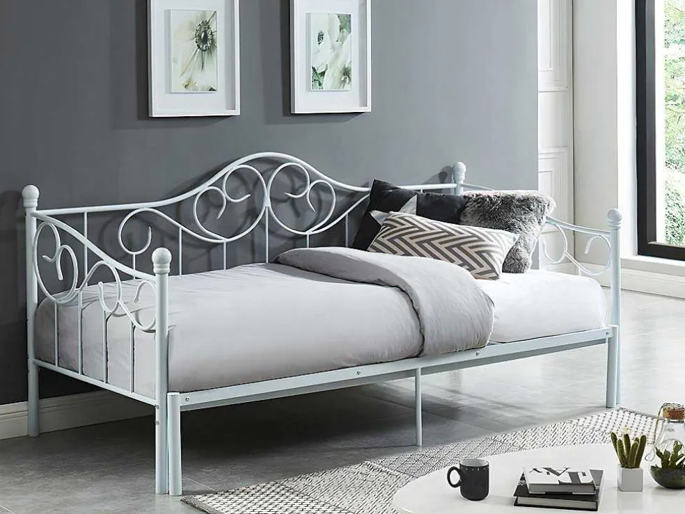 Uitschuifbare Bedbank Sebille - Metaal - 2 X 90 X 200 Cm Of 180 X 200 Cm - Wit - Optie Matras