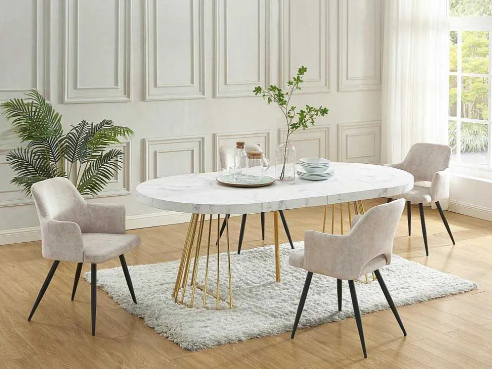 Uitschuifbare Eettafel 2 Tot 12 Plaatsen Van Mdf En Staal - Wit Marmereffect En Goud - Firela