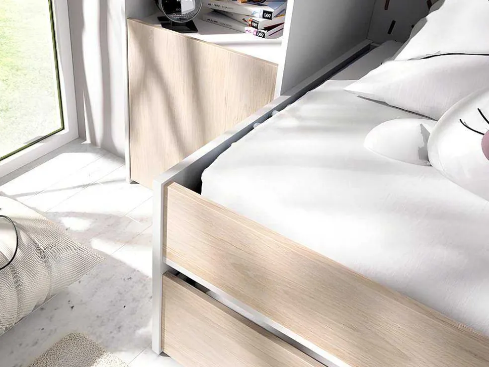 Uitschuifbed Met Ingebouwde Kasten Selena - 90 X 190Cm - Eiken & Wit + Matras