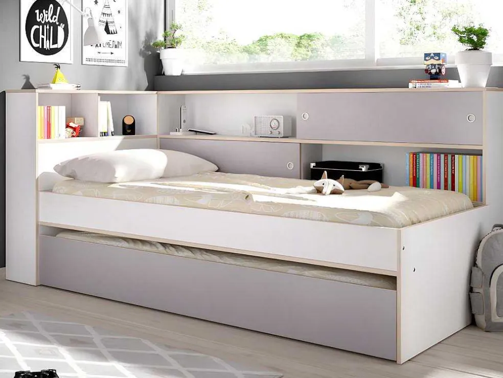 Uitschuifbed Met Slaaplade - Wit En Grijs + Bedbodem + Matras - Losiana