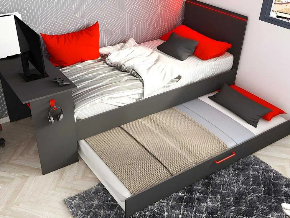 Uitschuifbed 90 X 200 En 90 X 190 Cm - Met Bureau - Ledverlichting - Antraciet En Rood + Matras + Bedbodem - Vouani