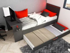 Uitschuifbed 2 X 90 X 200 Cm - Met Bureau - Ledverlichting - Antraciet En Rood - Vouani