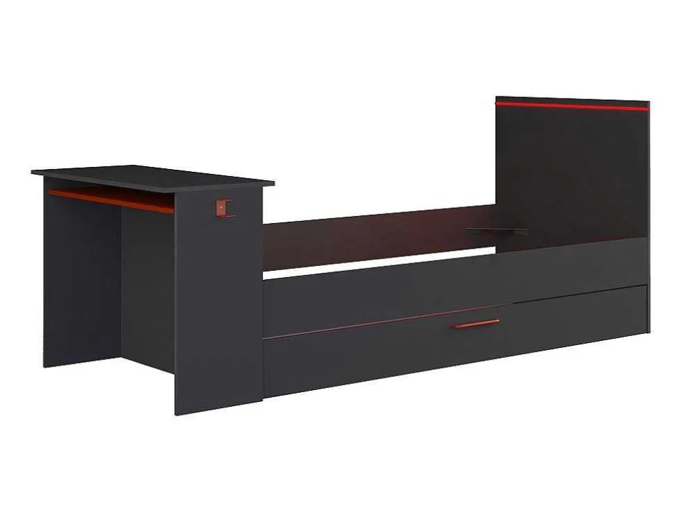 Uitschuifbed 2 X 90 X 200 Cm - Met Bureau - Ledverlichting - Antraciet En Rood - Vouani