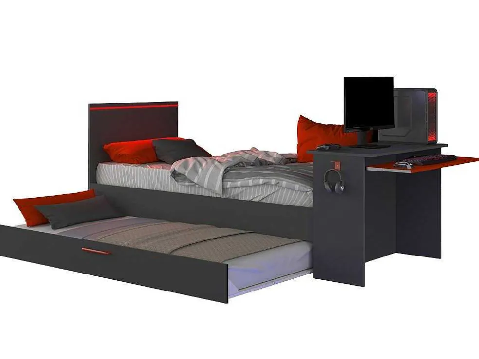 Uitschuifbed 2 X 90 X 200 Cm - Met Bureau - Ledverlichting - Antraciet En Rood - Vouani