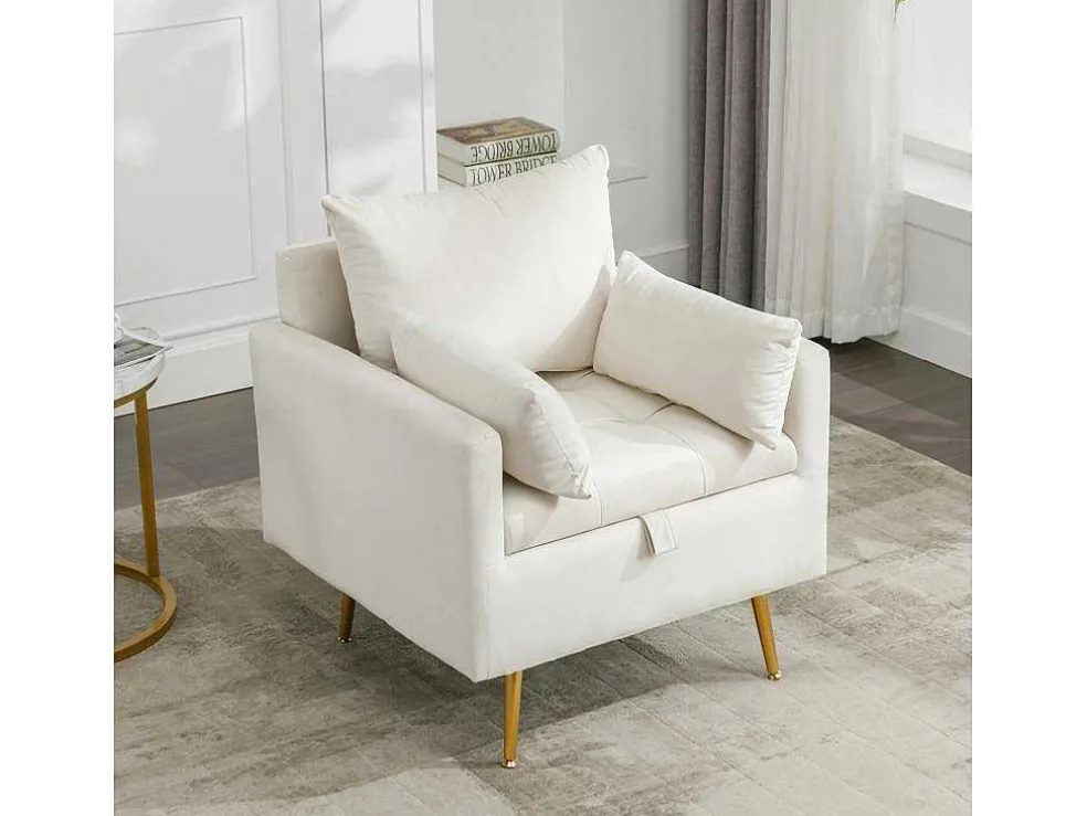 Vipi Fauteuil In Fluwelen Stof Met Opbergruimte En Kussen - Poten Van Goudkleurig Metaal - Wit