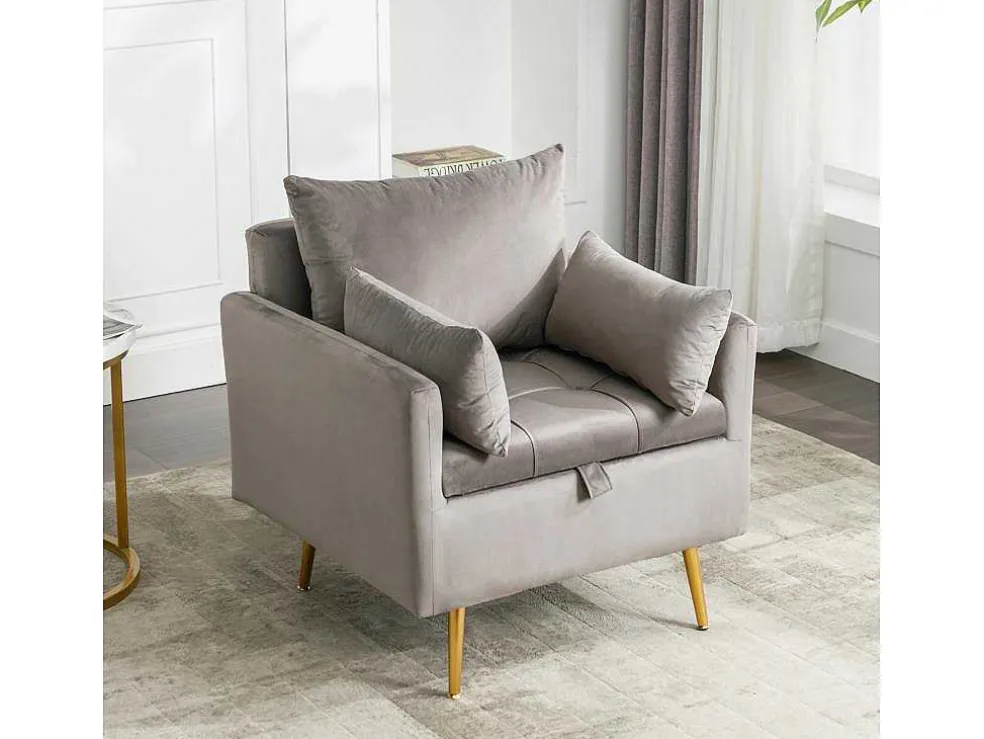 Vipi Fauteuil In Fluwelen Stof Met Opbergruimte En Kussen - Poten Van Goudkleurig Metaal - Grijs