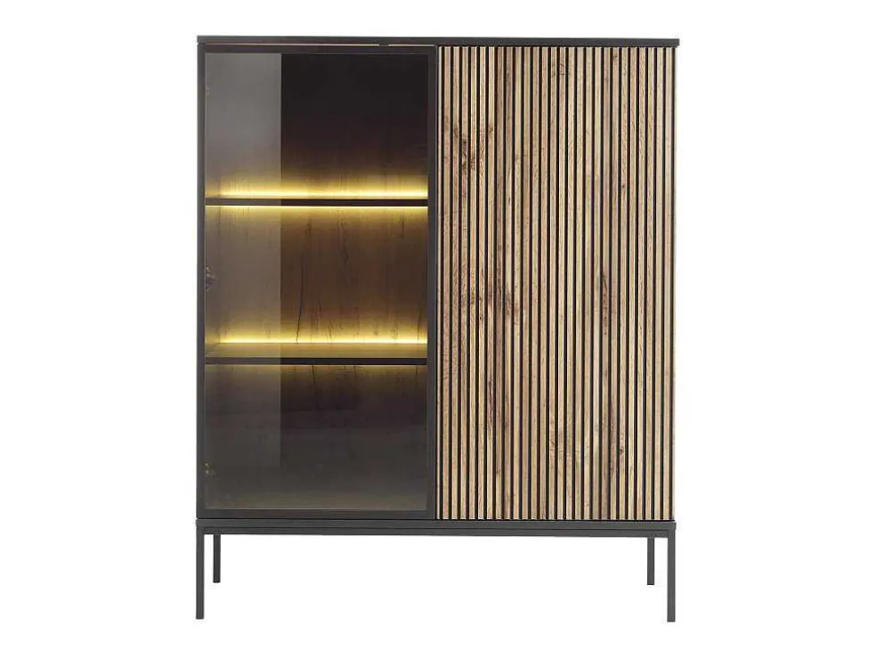 Vitrinekast Met 2 Deurtjes Met Ledverlichting Van Mdf En Gerookt Glas - Zwart En Naturel - Ovila