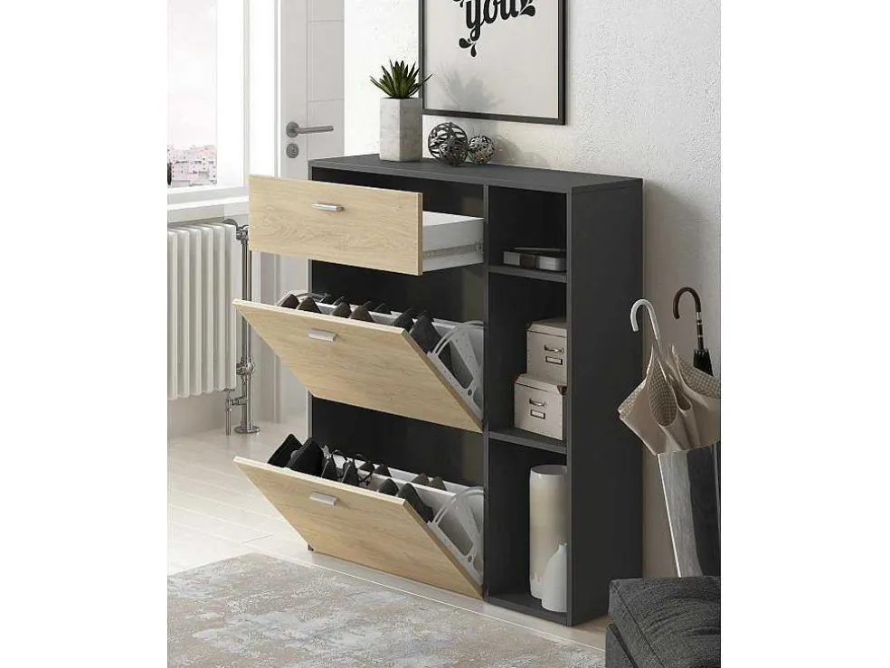 Zapatero Furniture, Windmodel, 90X26X101.5Cm, Tegroep Hall En Hall, Grijs En Eiken, Moderne Stijl