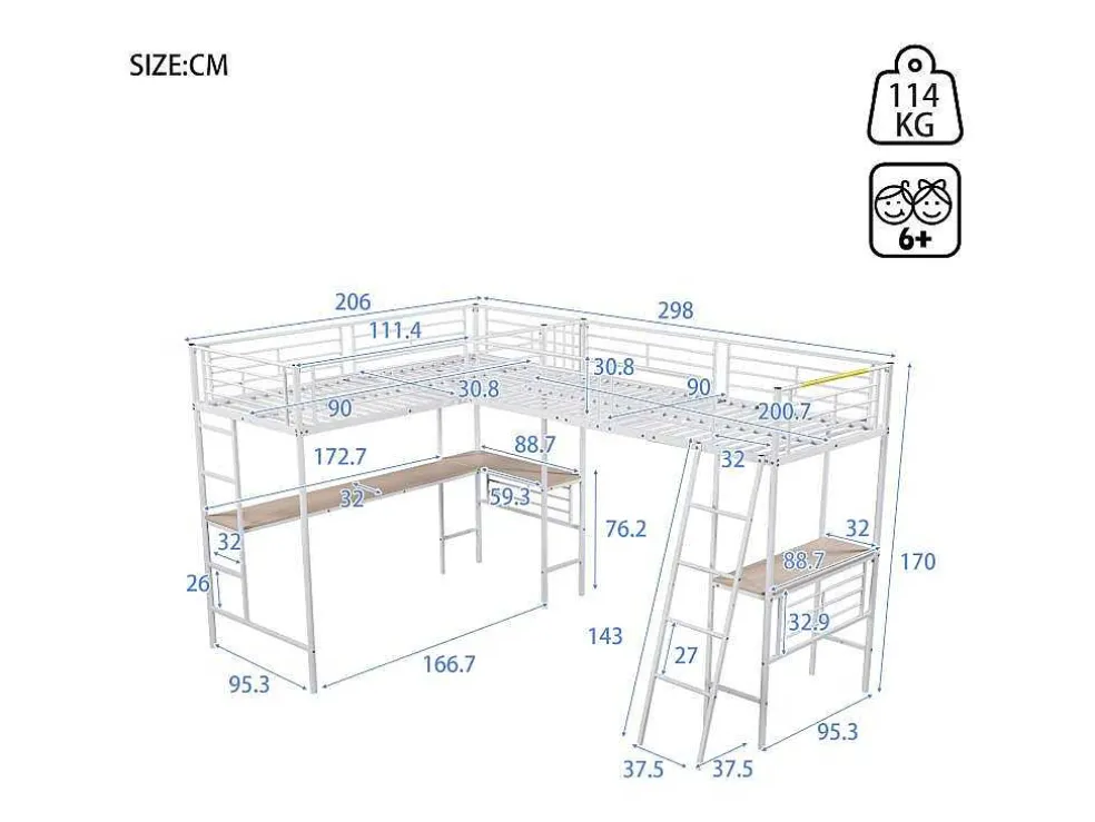 2-Zits Tussenbed - 2 X 90 X 200 Cm - Met Hoekbureau En Ladders - Metaal - Wit