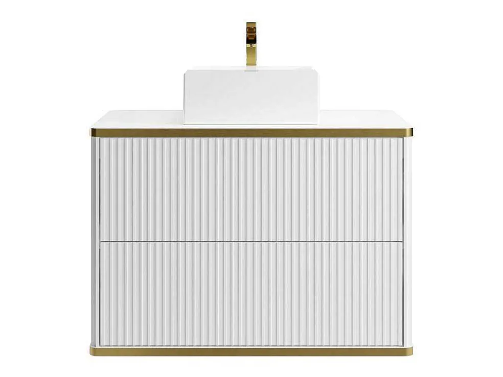 Zwevend, Geribbeld Badkamermeubel Met Goudkleurige Randen En Opzetwastafel - Wit - 80 Cm - Keliza